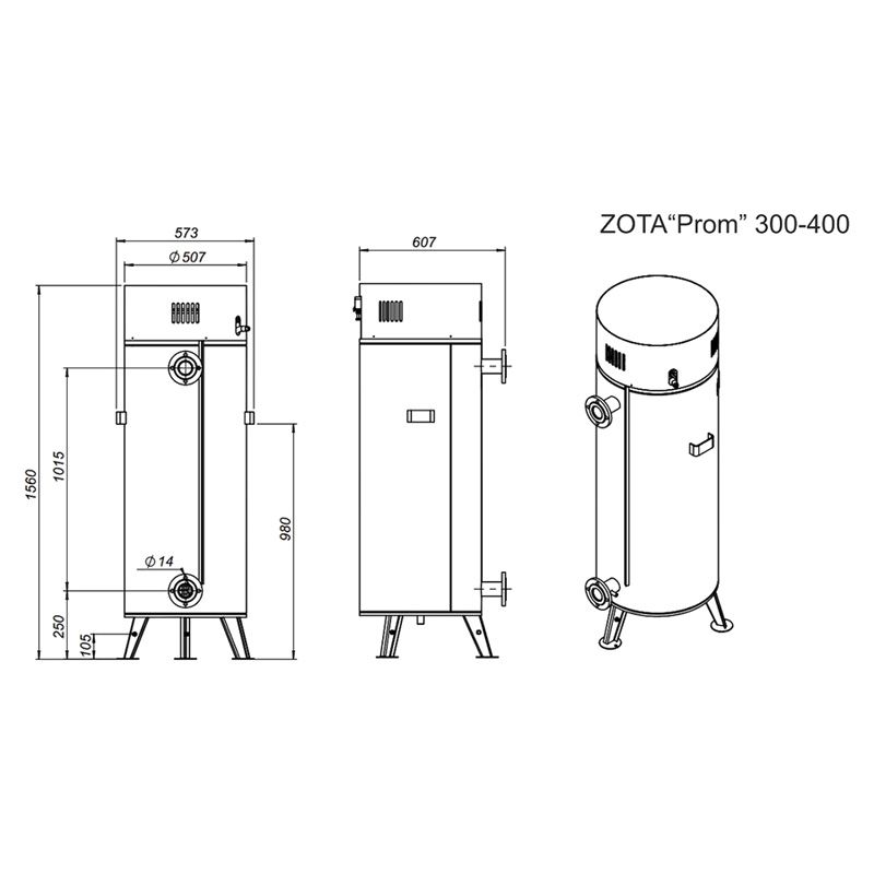 Отопительный котел Zota 300 Prom (PR3443221300) - Монтажные размеры прибора