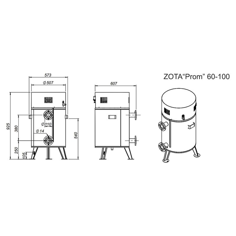 Котел электрический Zota 100 Prom (PR3443221100) - Монтажные размеры прибора